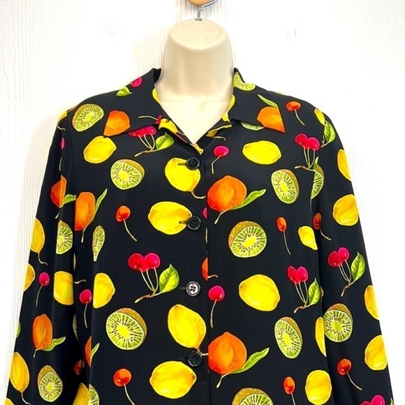 Maggy L - Bright Colorful Fruit Long Sleeve Button Down Silk Top Size 6 Petite - Picture 8 of 13